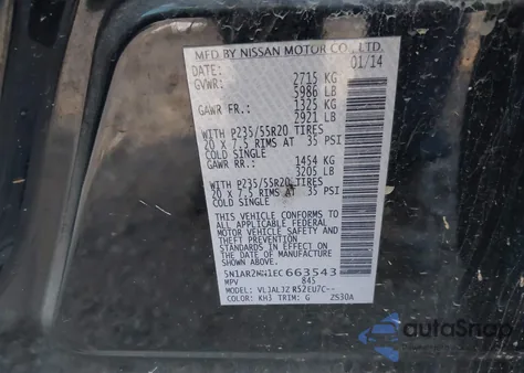 2014 Nissan Pathfinder Platinum z USA, uszkodzony, nr VIN 5N1AR2MN1EC663543